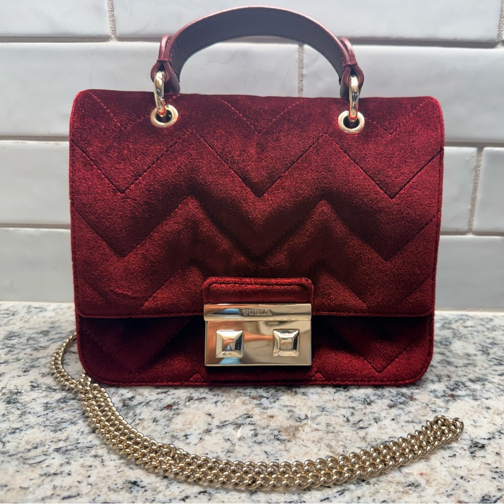 Furla Metropolis Cometa Burgundy Quilted Velvet Top Handle Mini Bag